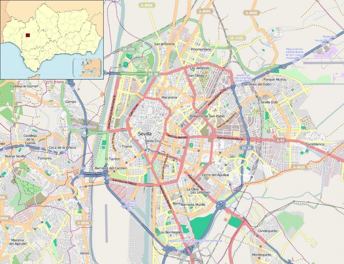 kaart Sevilla hispaania linnaosade